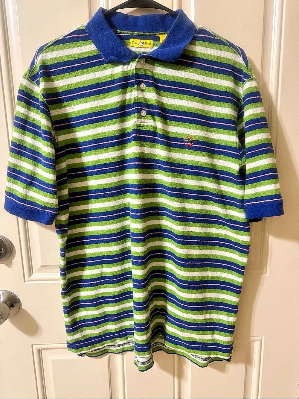 Duck Head Striped Cotton Polo in Blue & Green Size Medium